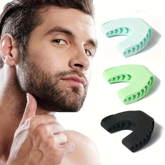 Man showcasing the Chad Chiseler jawline enhancement tool in black, green, and light blue colors.
