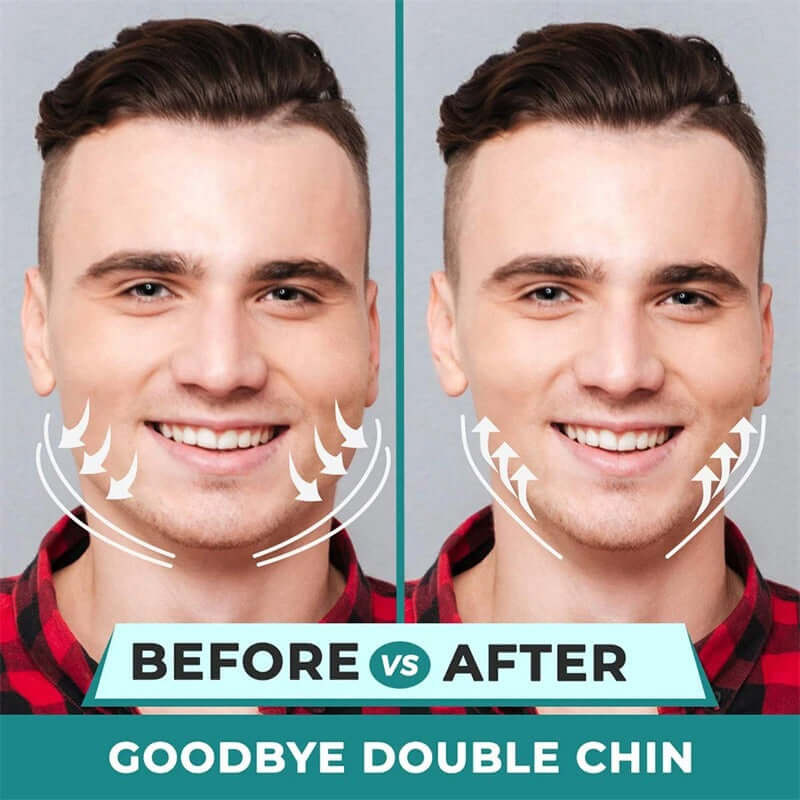 Before and after image showing a man with improved jawline and reduced double chin using Mega-Chad Chewy.