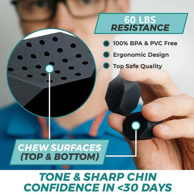 Mega-Chad Chewy features: 60 lbs resistance, BPA-free, ergonomic design for jawline contouring.