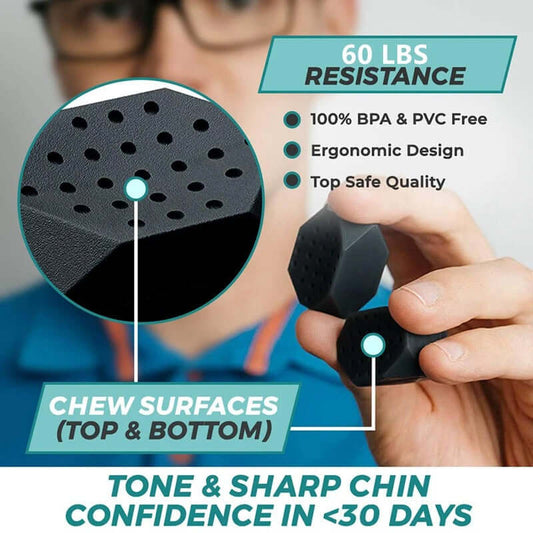 Mega-Chad Chewy features: 60 lbs resistance, BPA-free, ergonomic design for jawline contouring.